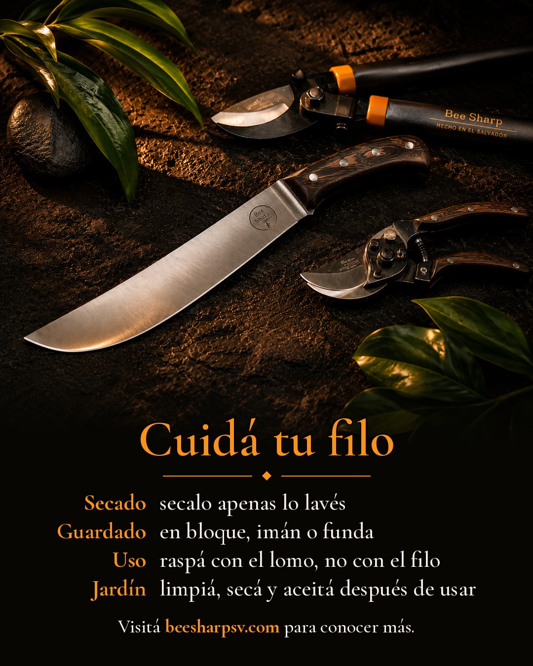 Machete y tijeras de podar sobre tierra oscura entre hojas verdes. Cuidá tu filo: secalo apenas lo lavés; guardado en bloque, imán o funda; raspá con el lomo; en el jardín, limpiá, secá y aceitá después de usar.